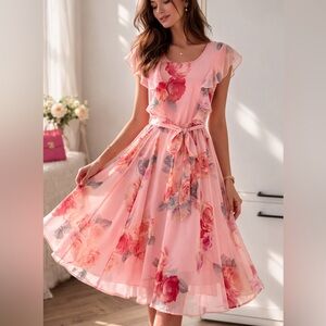 Floral Midi Dress Pink Wedding Guest Ruffle Suzy Shier Large Cottagecore Romance